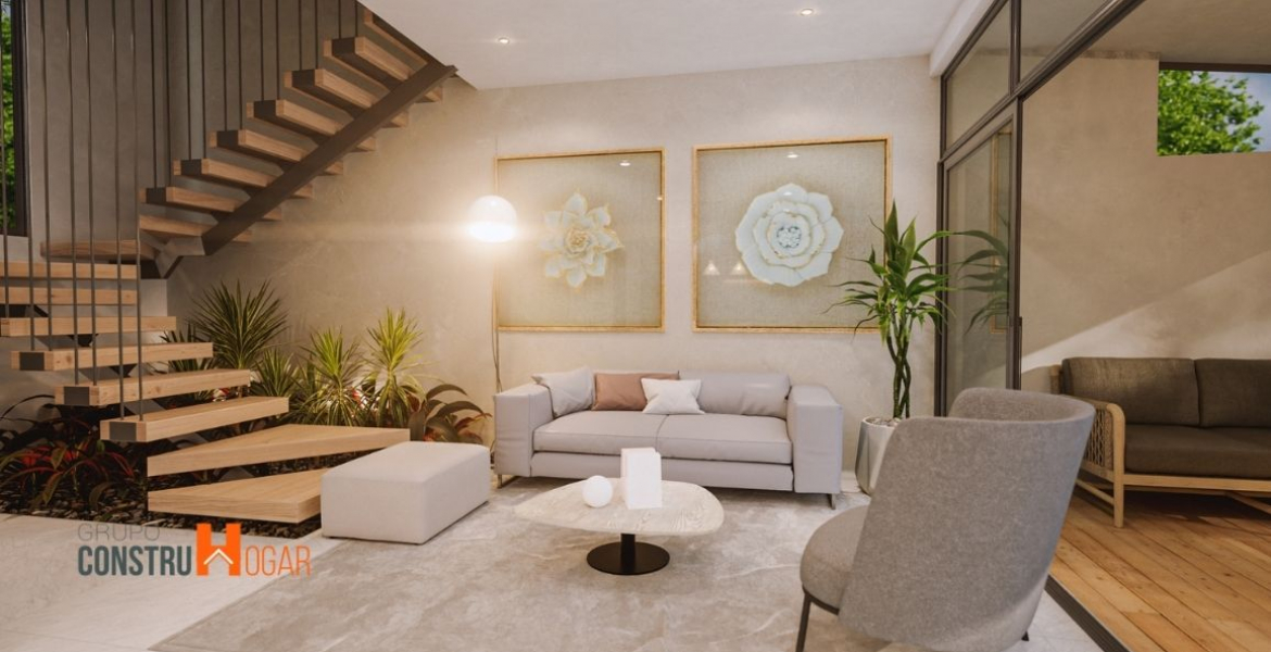 Sala de estar, dos cuadros grandes al fondo