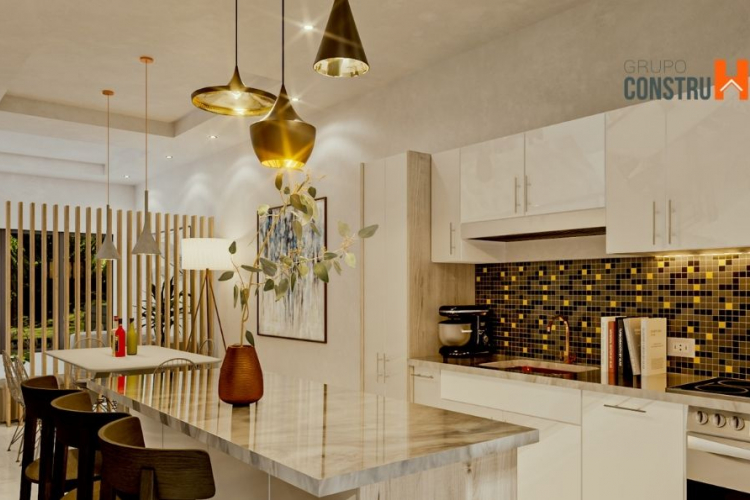 Cocina, tres lamparas de una bombilla